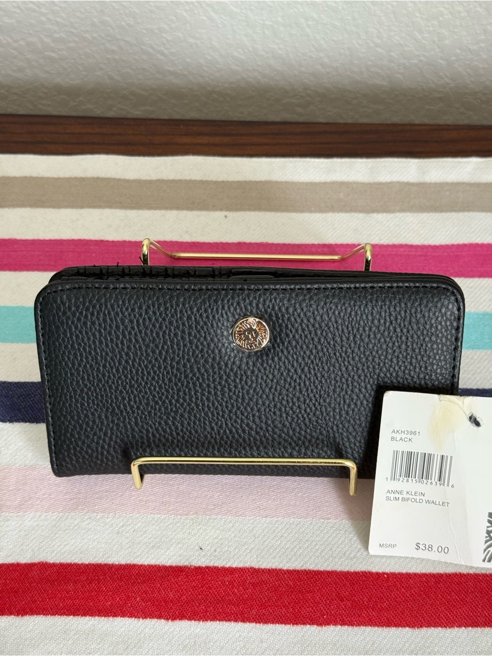 Anne Klein Black Pebbled Zip-Around Wallet with Gold Logo